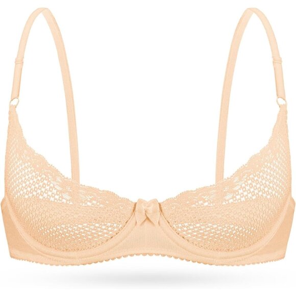 🆕 Women Cream Sexy Lace Cup Bra Balconette Mesh Underwired Demi Shelf Bralette - Picture 1 of 8